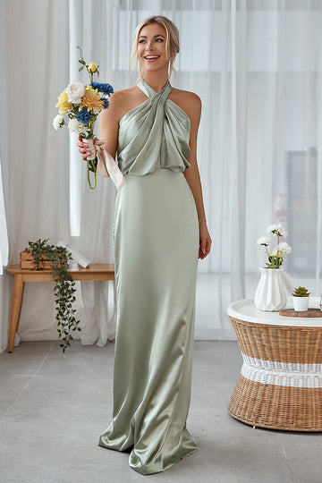Leely Women Dusty Sage Long Bridesmaid Dress Halter Sheath Satin Formal Dress